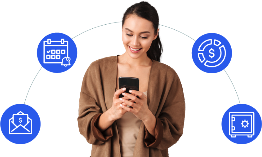 Icons behind a person on a phone, including a bill, a calendar with a bell, a donut chart, and a safe.