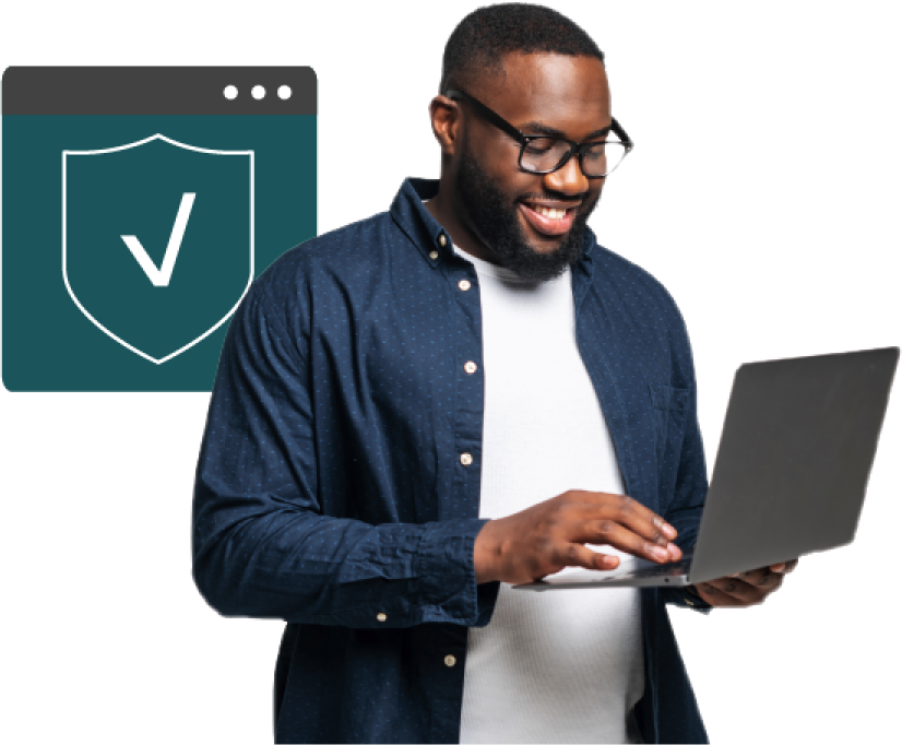 Woman holding an open laptop with a superimposed graphic of a browser window and shield with a checkmark behind her